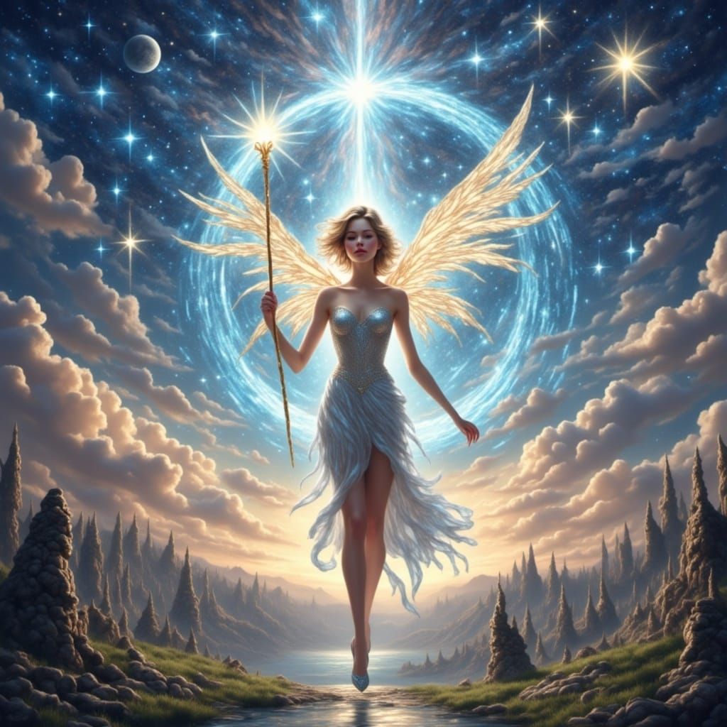 A mesmerizing illustration of a radiant fairy goddess with iridescent wings, holding a brilliantly lit magic staff. She is embarking on a ma...