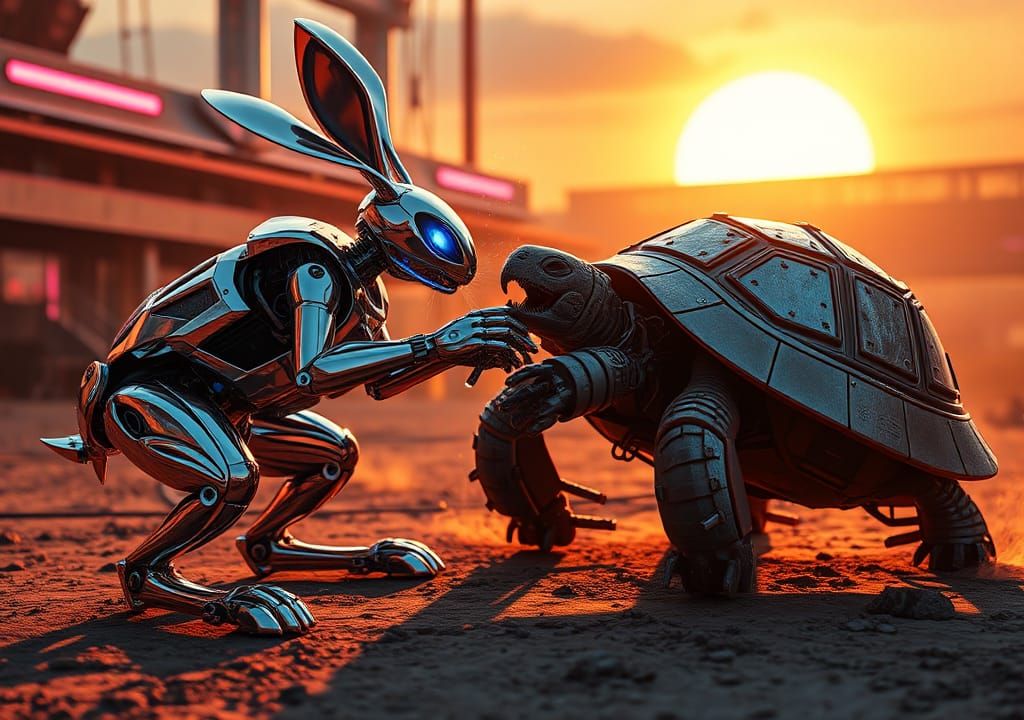 A Battle between a robot hare and a robot Tortoise. Intricat...