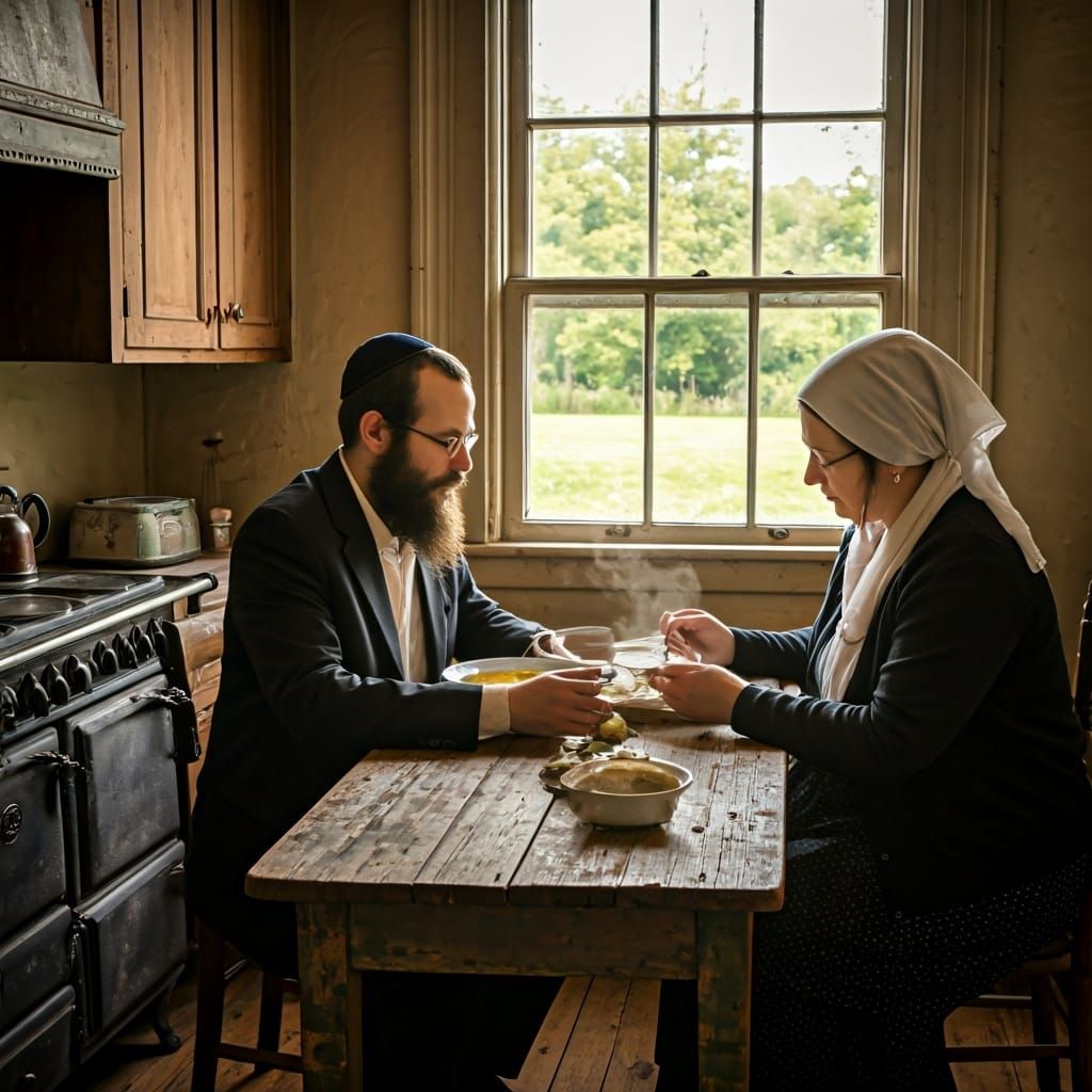 Hassidic Couple Sharing Soup, Realist Painting