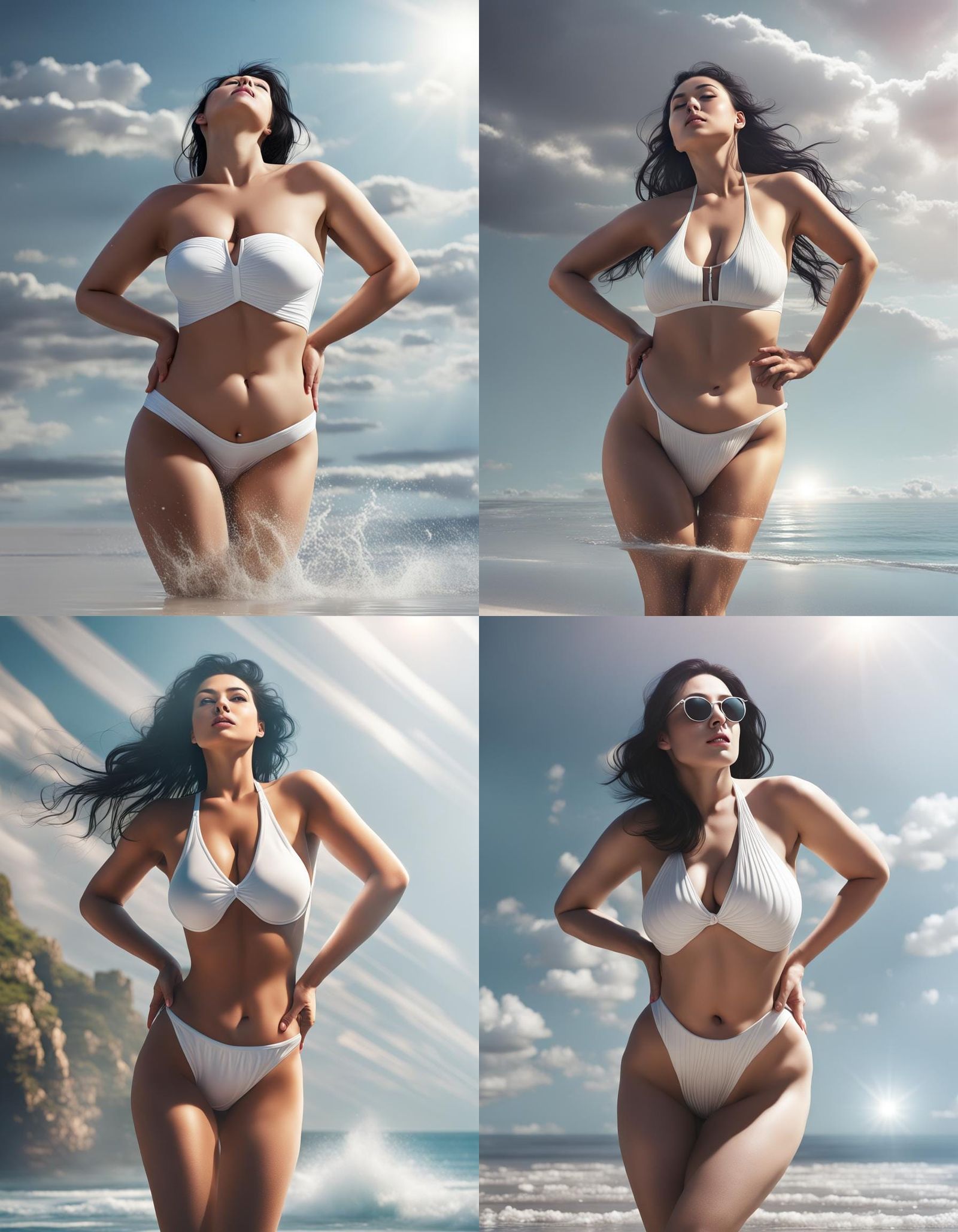 Beautiful plump woman with black hair, wearing a white swims...