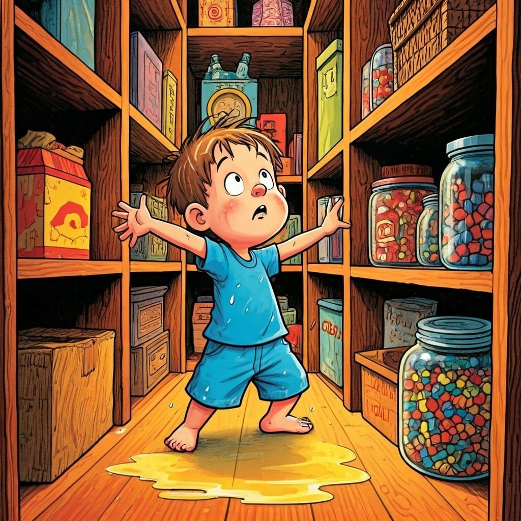 Mischievous Boy Reaches for Candy in Cluttered Closet