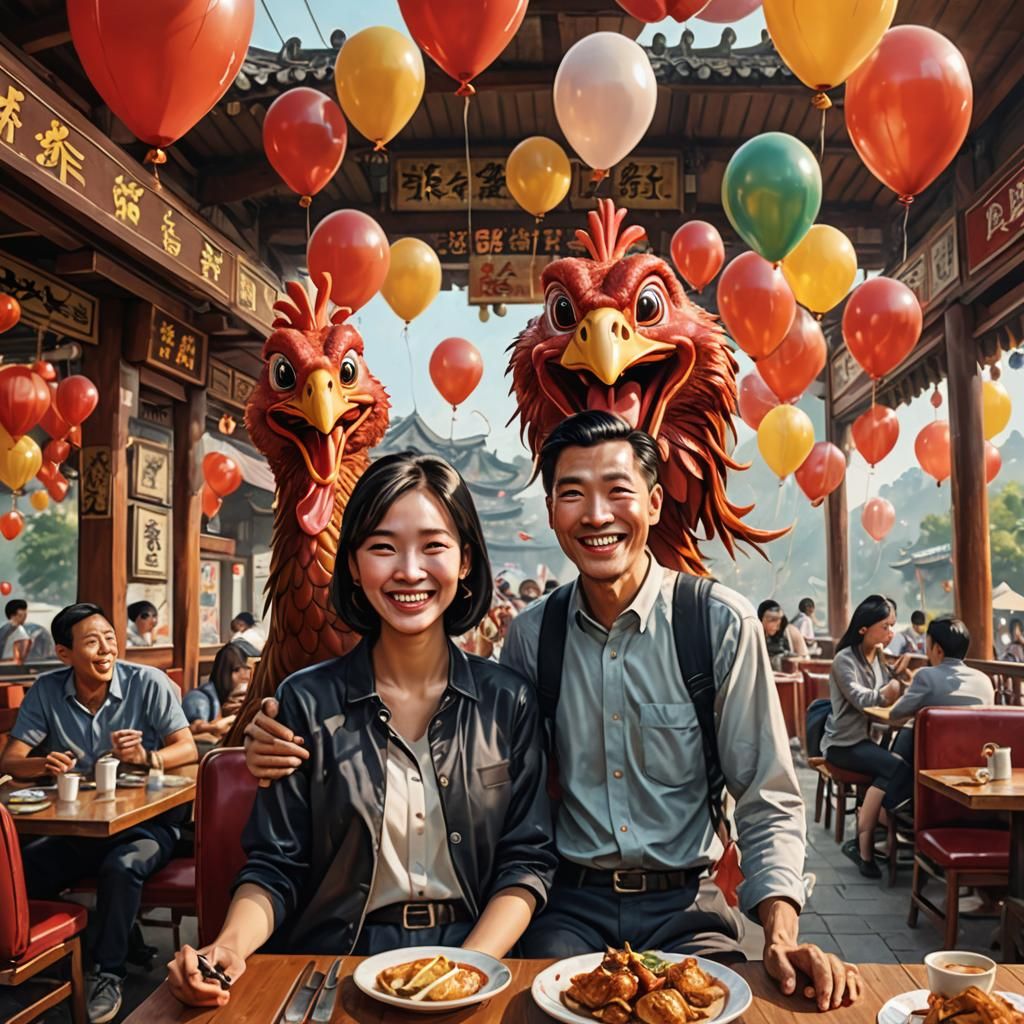 A man snake head smile and woman Chicken head having fun whi...