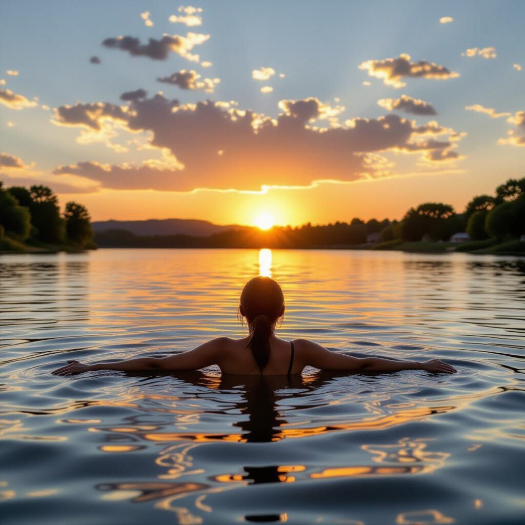 Hispanic Woman Swimming Peacefully in Lake at Sunset, Charco...