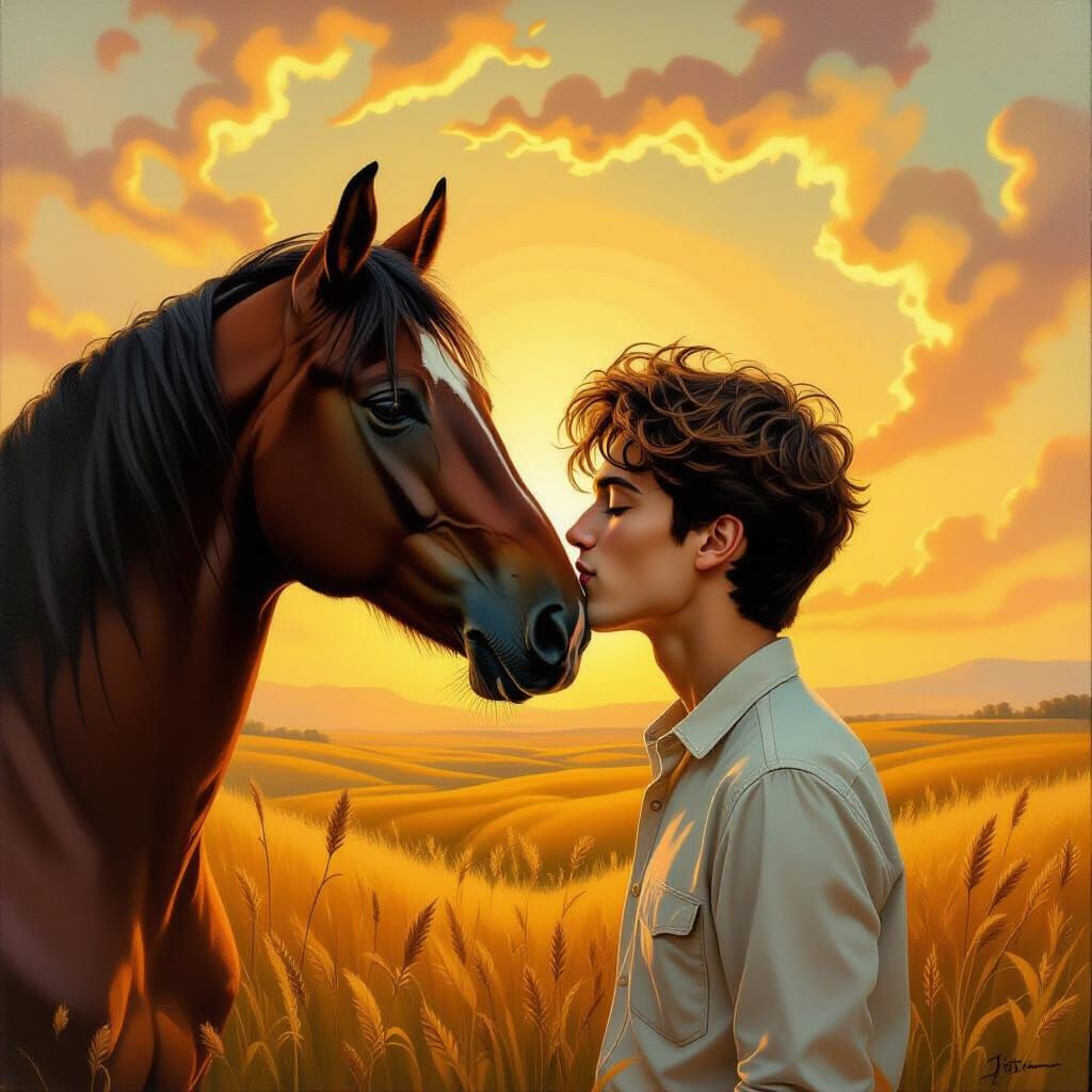 Surrealist Oil Painting of Man Kissing Horse