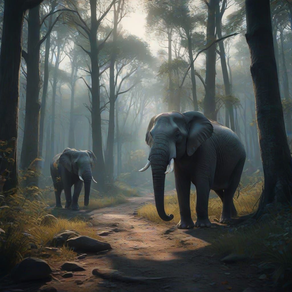 Dark and strange but colorful, a desolate and empty forest with a scary lake of water on the side... Two scary elephants run to the lake and...