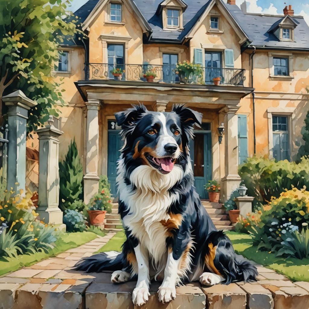 Border Collie Dog and Mansion in Gouache Style