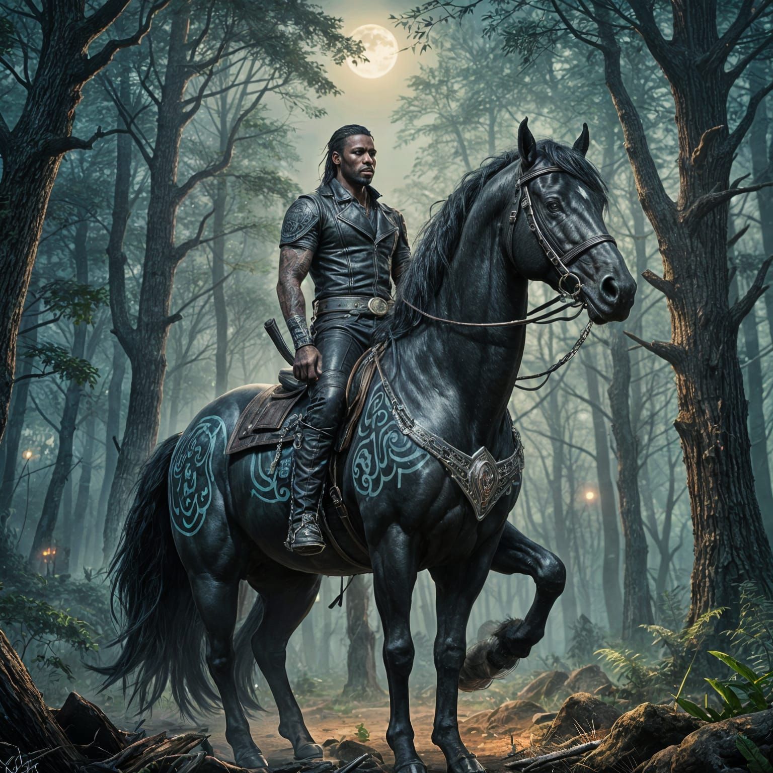 Big Black Stallion wearing bikers clothes with tattoos realistic HD   by @Stewart Boza 