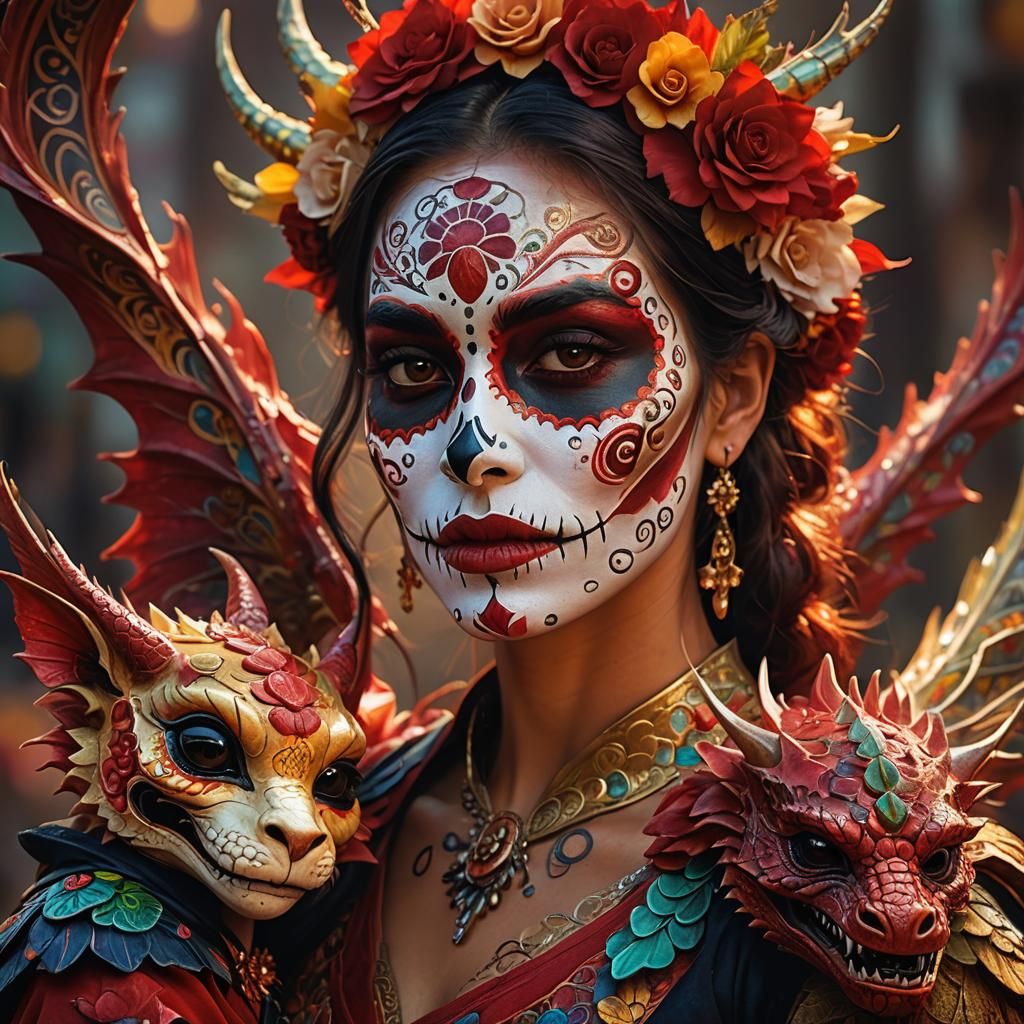 Medium shot of a beautiful woman wearing colorful Día de los Muertos face paint hugging a baby red dragon ...  by @Alvaro Avalos