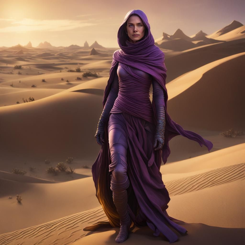 Fremen woman wearing stillsuit in Dune Landscape