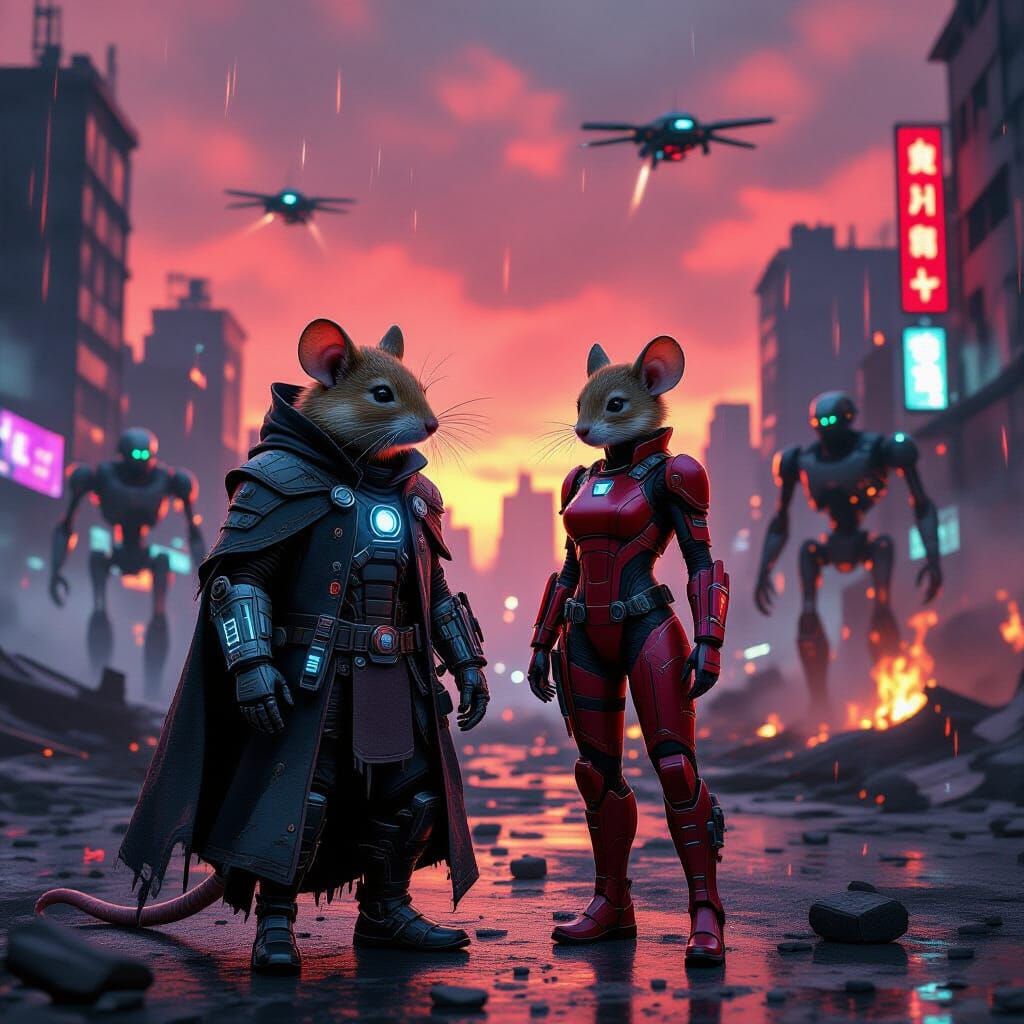 A dark cyberpunk scene inspired by the Terminator universe. Finn, the anthropomorphic mouse wanderer, stands amid a devastated futuristic ci...