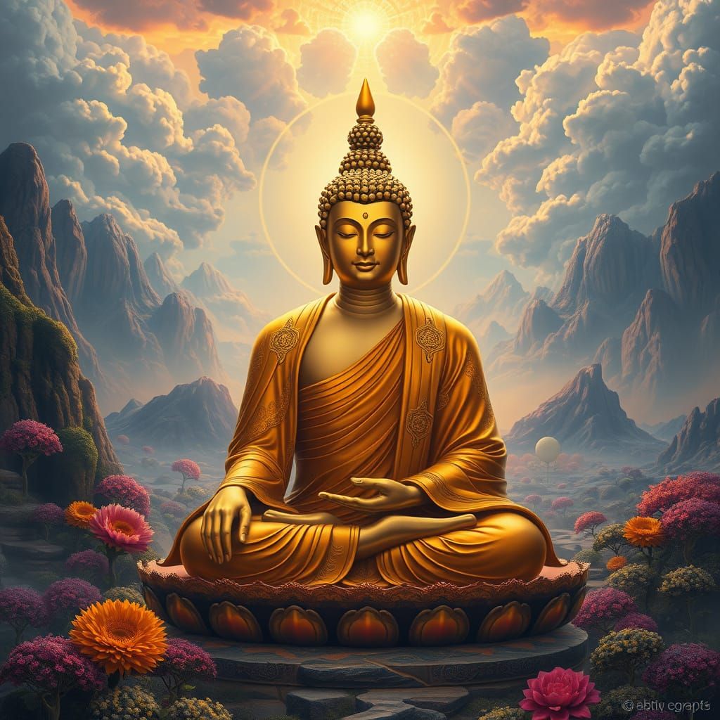 Buddha in Vibrant Fantasy Landscape, Symbolizing Birth and C...