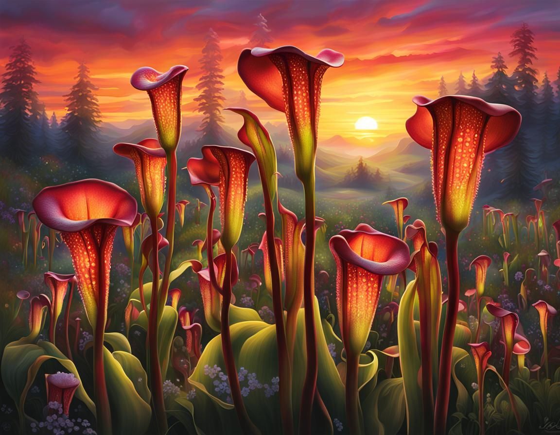 An airbrush painting of a glittering, beautiful field of Pitcher Plant Flowers illuminated in a sunset.  by @undefined