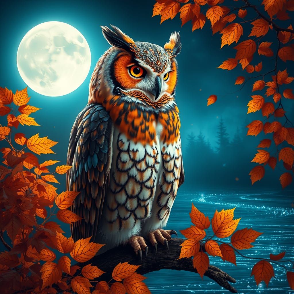 Regal Owl in Ethereal Moonlight, Autumn Splendor