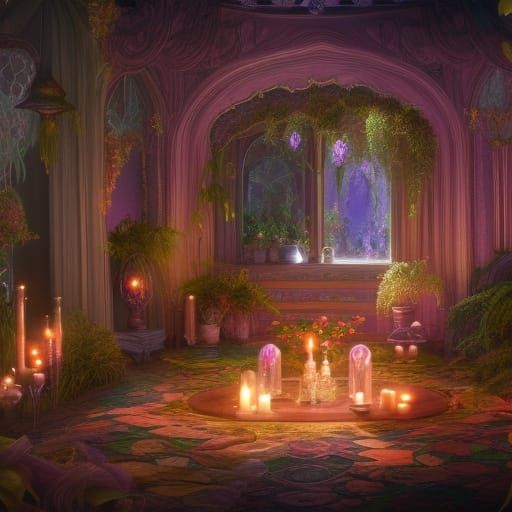 Opal living room with lots of crystals and candles and lots of beautiful  plants - AI Generated Artwork - NightCafe Creator