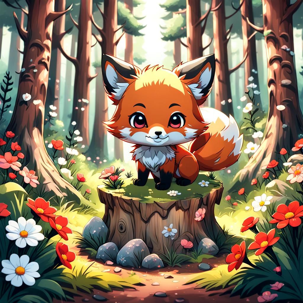 Chibi Red Fox in Floral Forest, Graffiti Art