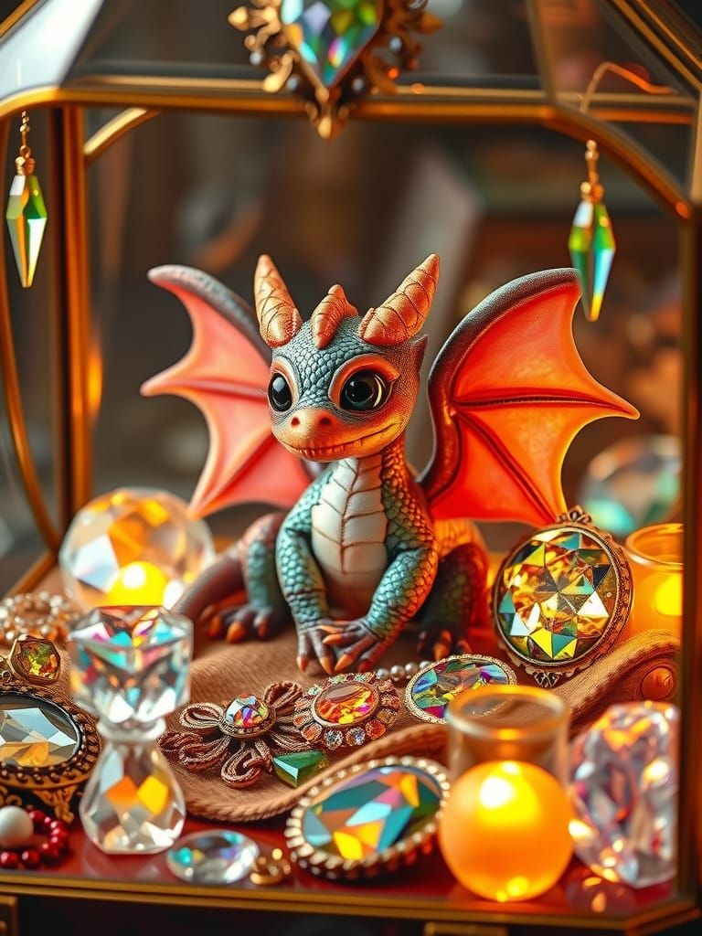 Whimsical Baby Dragon in Antique Glass Jewelry Box