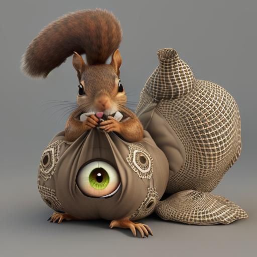 A squirrel coming out from a gunny sack eating a nut staring...