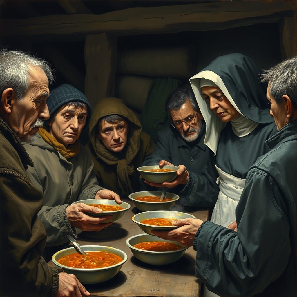 Unfortunate gentlemen of the road being served food by a caring nun at a soup kitchen  by @Novacastrian-Mundi