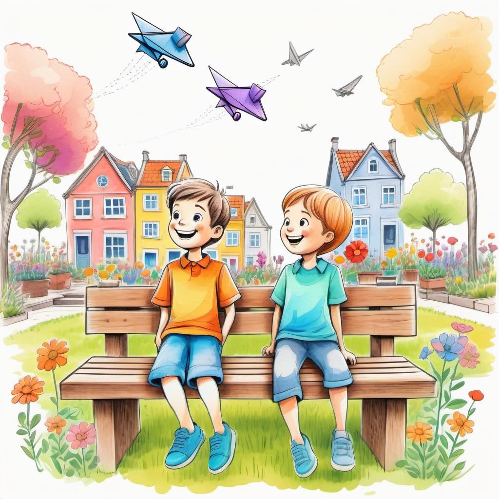 Cartoon Sketch: Children Watching Paper Plane