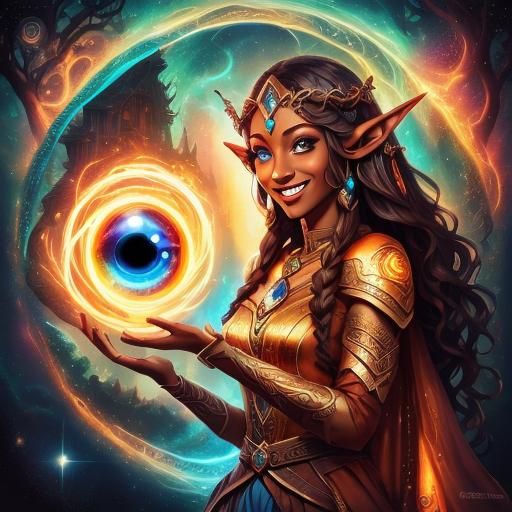 smiling brown-skinned mage elven elf, detailed, glowing eyes, sparkly, vibrant colours, whorling magic portal background, orange and blue  <...