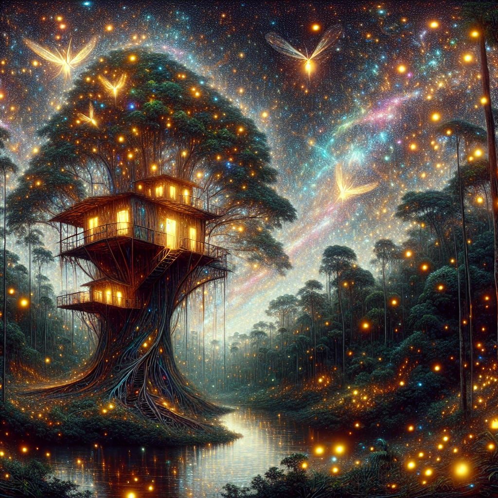 Ethereal tree house surrounded by fireflies by a lake