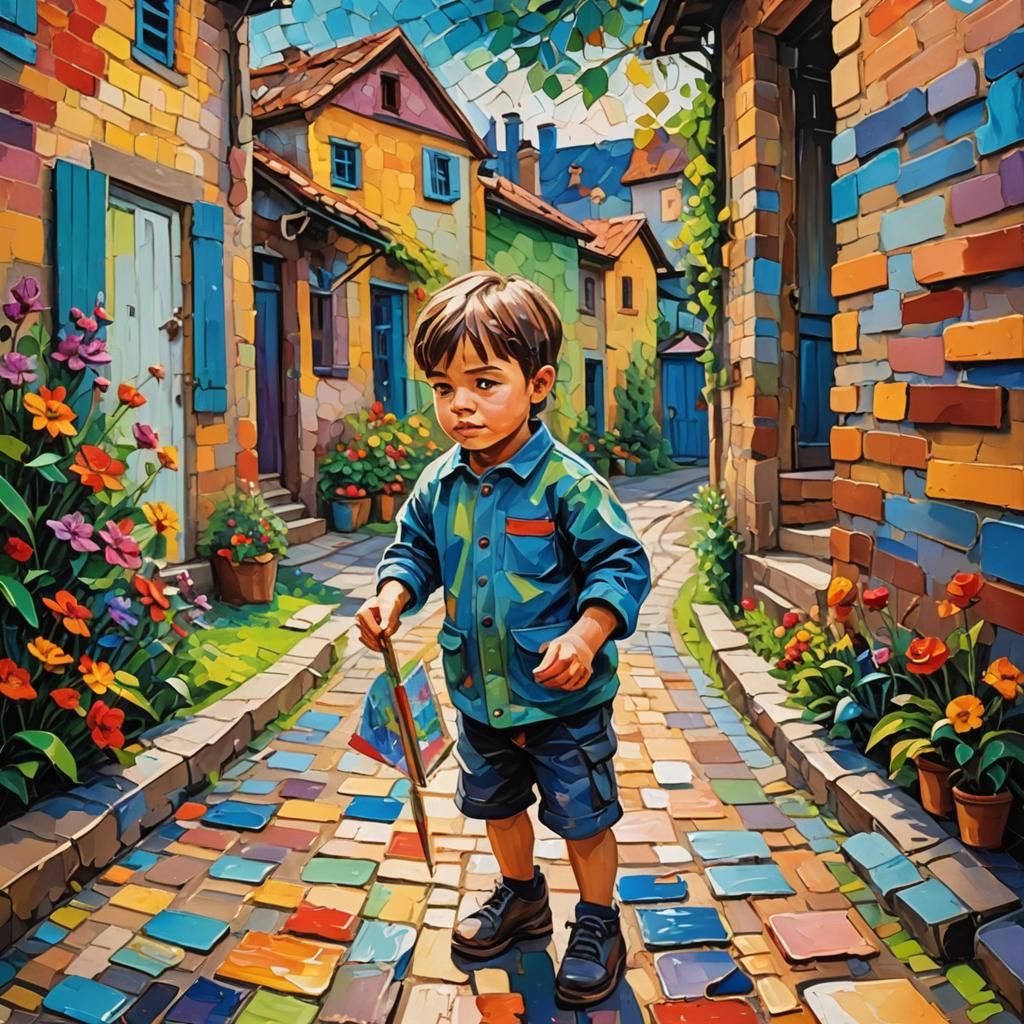 Child's Street Art: Neo-Impressionist Oil Painting