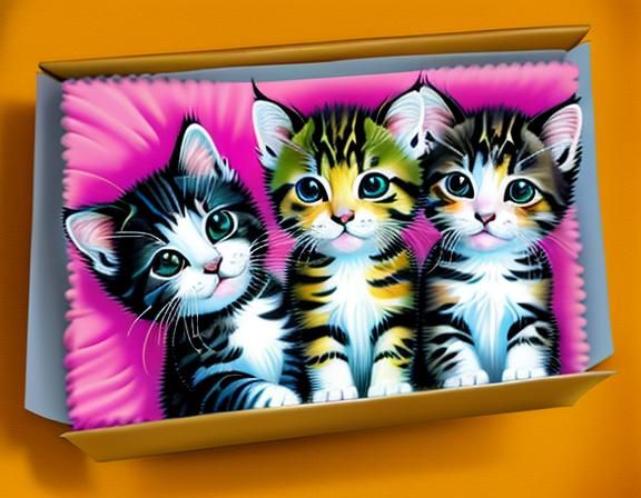 kittens in a box, cute, high detail, vivid, vibrant colours,...