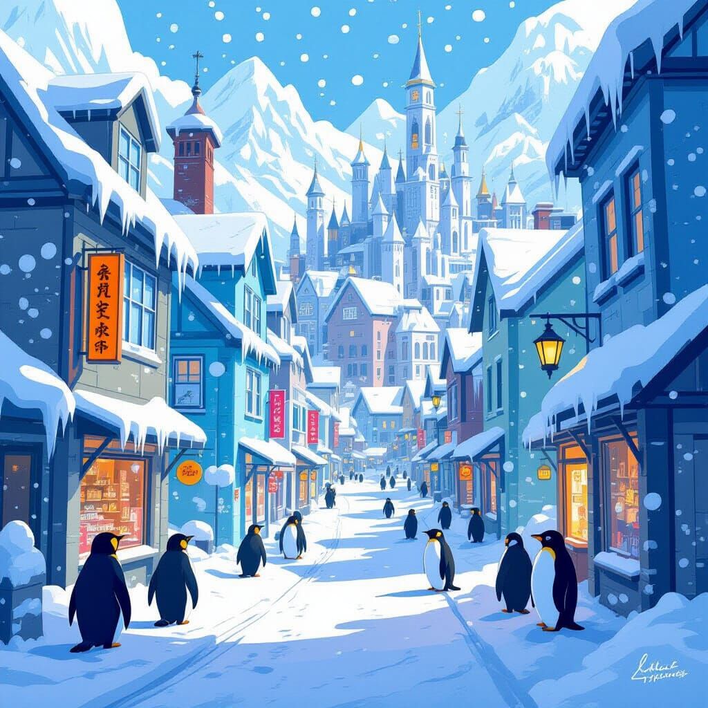 Penguin Cityscape with Icy Buildings in Whimsical Style