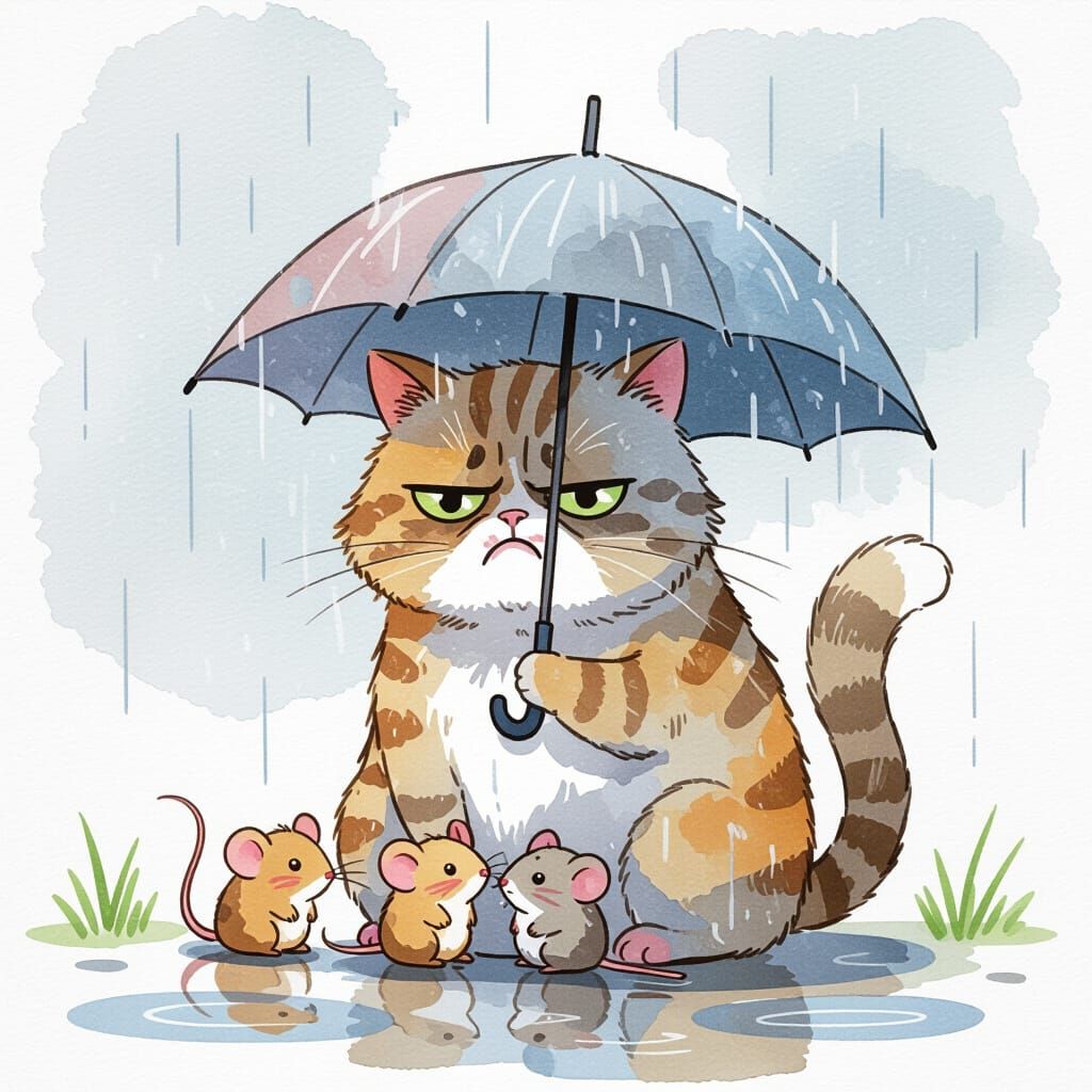 A cute and funny watercolor illustration in a minimalist Japanese style.
A wet, slightly grumpy cat sits ...  by @MythsCreator
