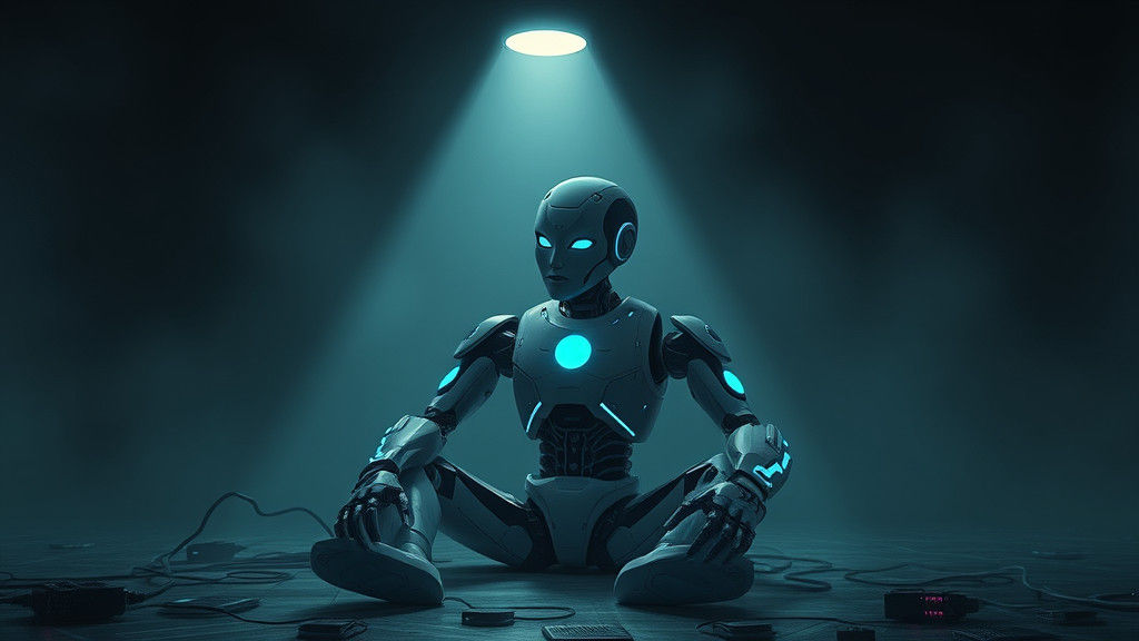 Contemplative Robot in Dimly Lit, Futuristic Room