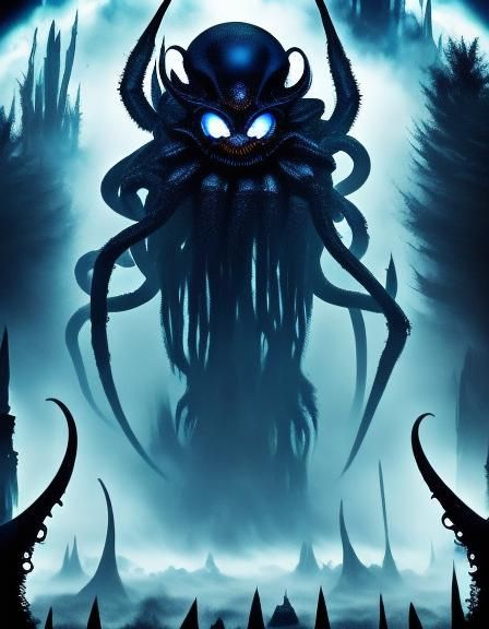 <lora:Black nightmare:1.0> Alien in a deep thick mist, tentacles, spider legs, huge glowing blue eyes, macabre, demon, nightmarish shapes, t...