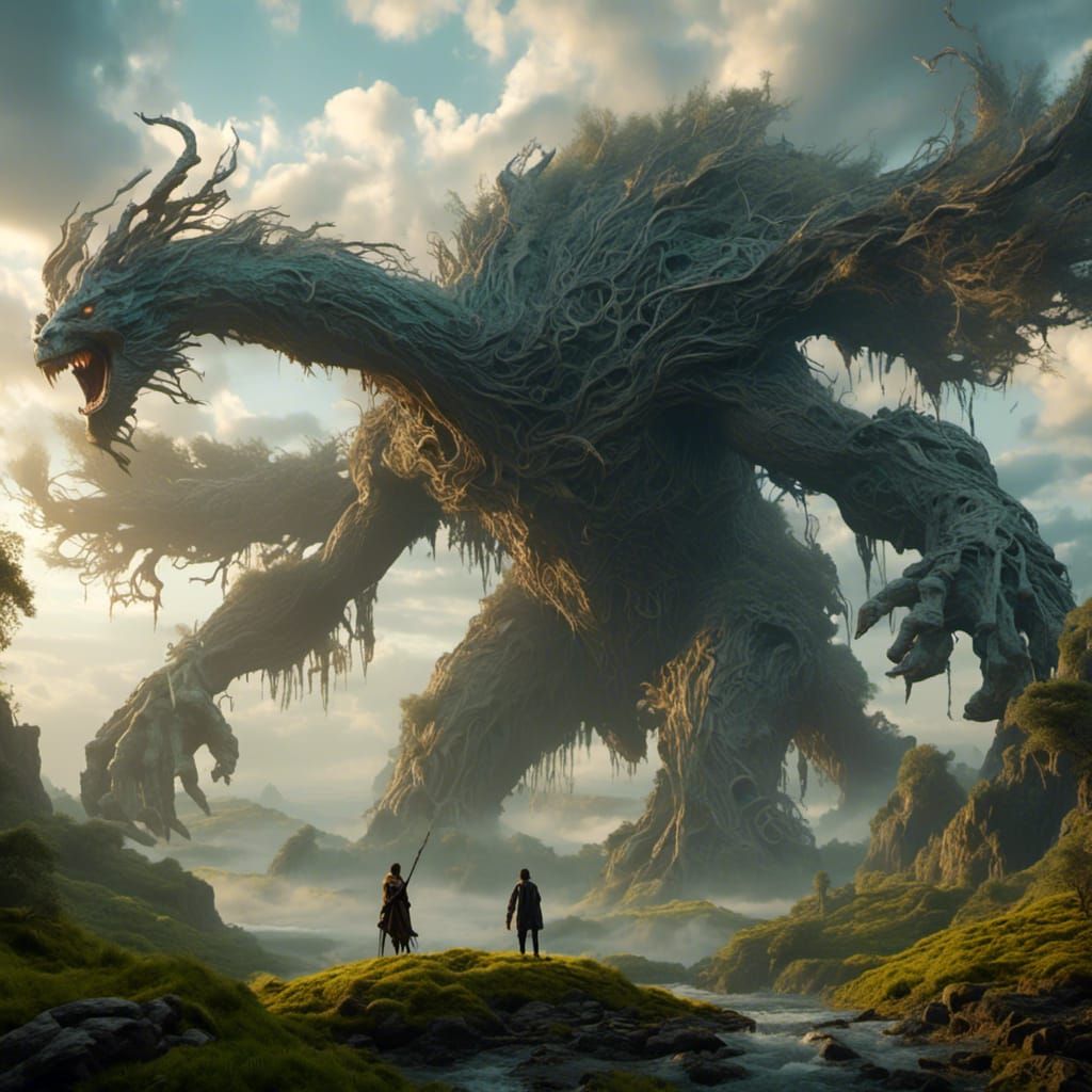 Giant fantastic creature with fantastic rider with backdrop of cinematic fantasy landscape <lora:DetailedFantasy:1.0> 