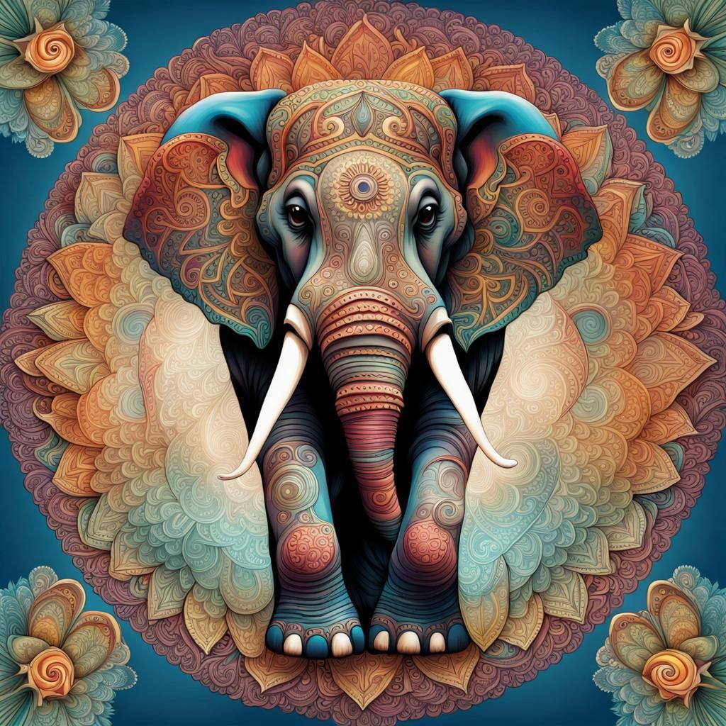 Hyper realistic, Elephants in a Mandala style design, intricate