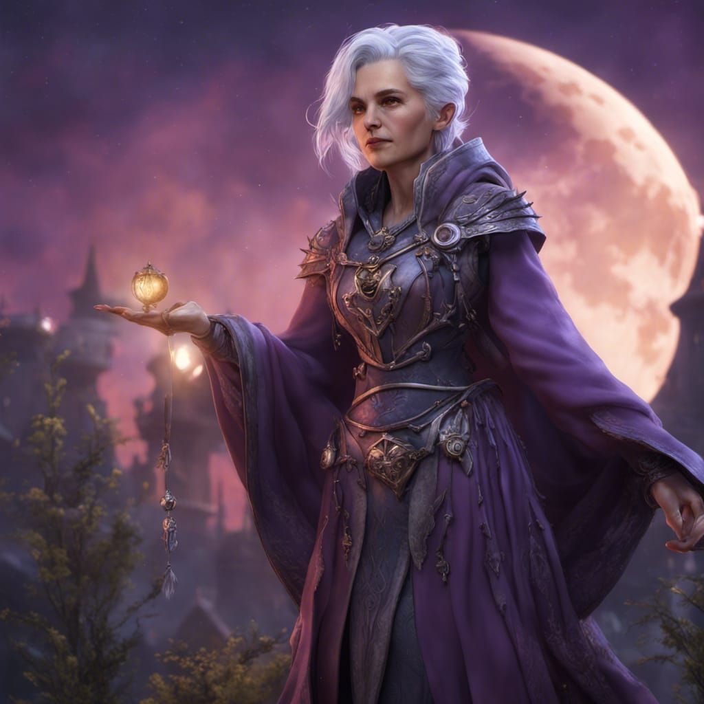 Twilight cleric female with grey hair, purple clothes and moon ...