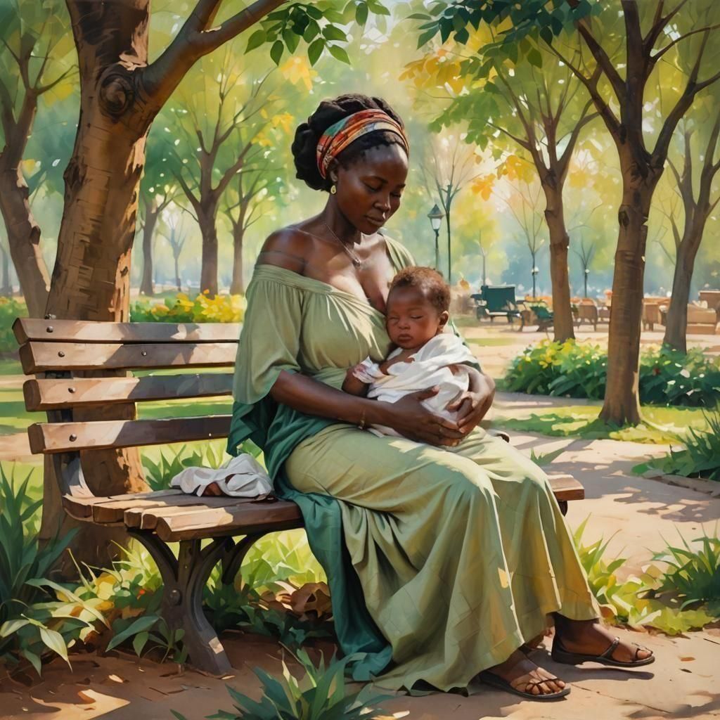 African Mother Sitting On a Bench with her baby