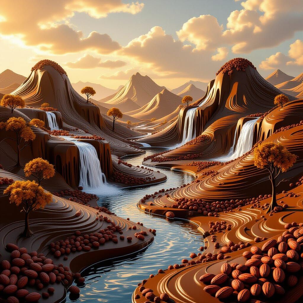 A fantasy landscape sculpted entirely from chocolate: rolling hills of milk chocolate, white-chocolate ...  by @undefined