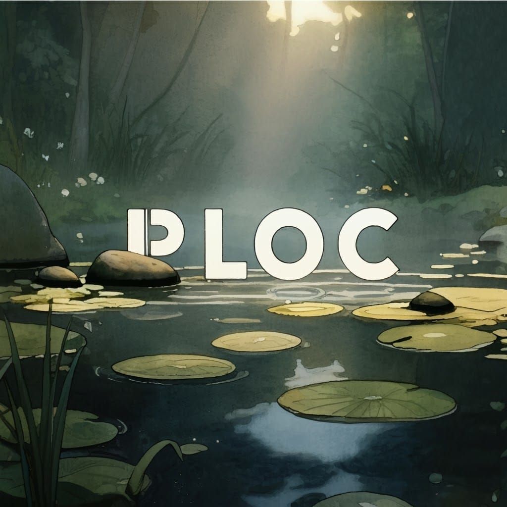 Word "PLOC" Onomatopoeia a stone in the pond watercolors hyperdetailed 8k light at dawn establishing shot, alcohol ink comic illustration Ja...