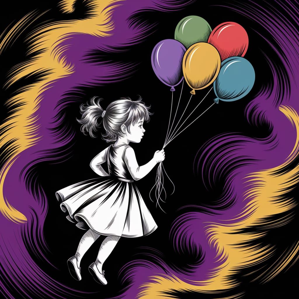 Girl with Balloons in Dark Fantasy Style