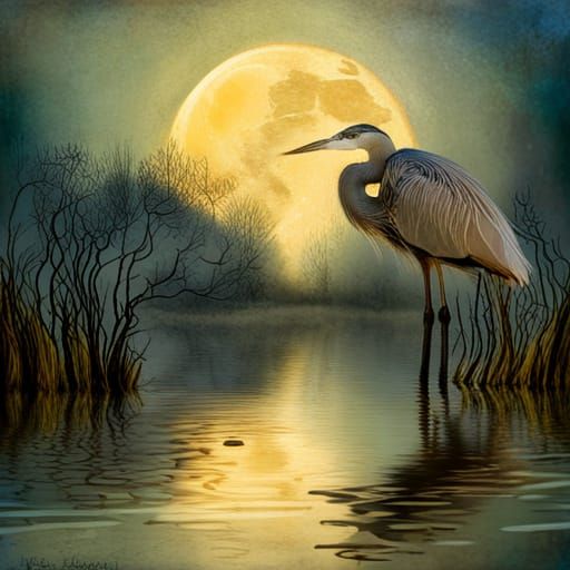 Heron under a full moon  by @QueenKittyKat