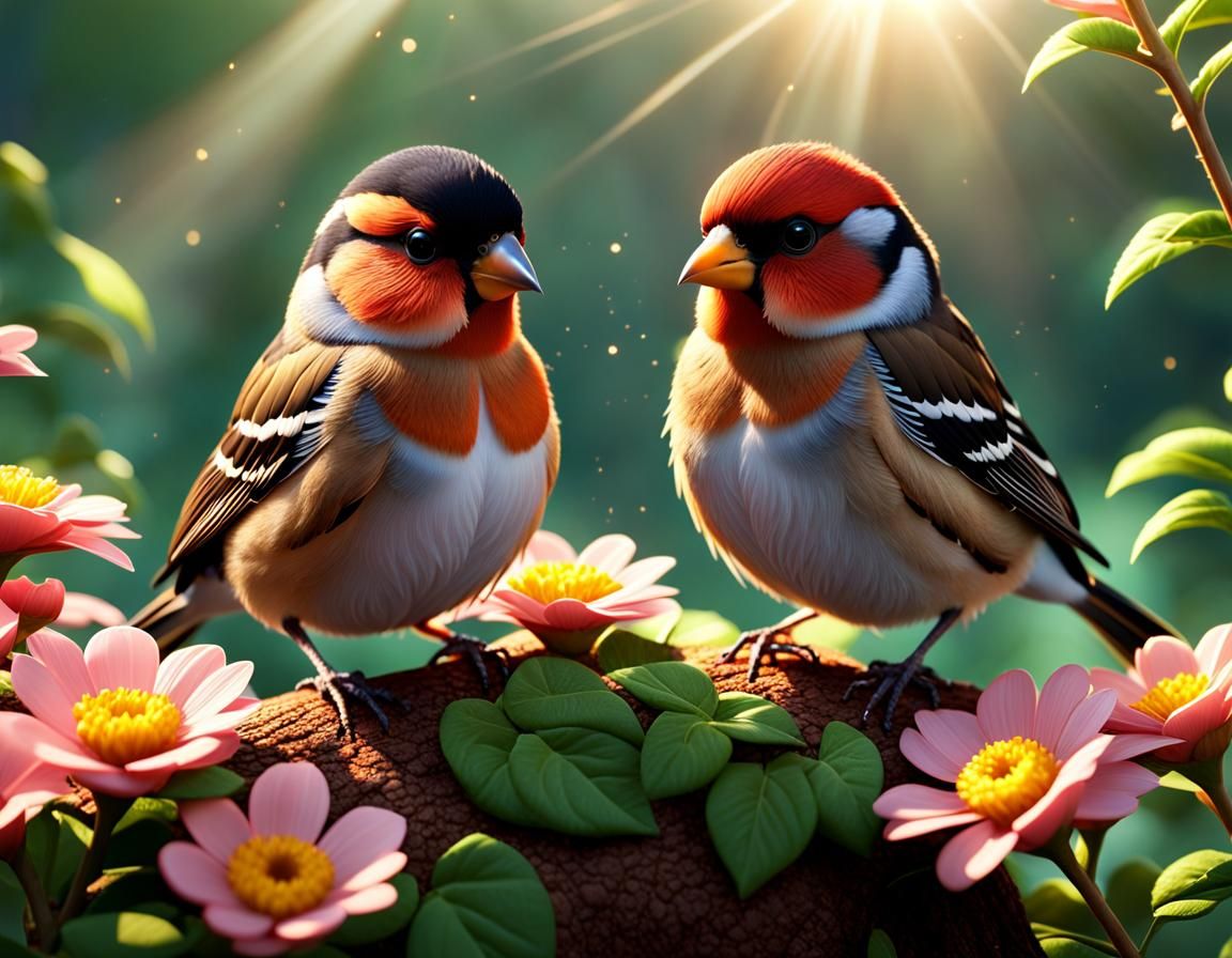 2Birds: Generate a scene where (two tiny finches:1.2) suggests an equal division, leading to a disagreement., ...  by @Lennis
