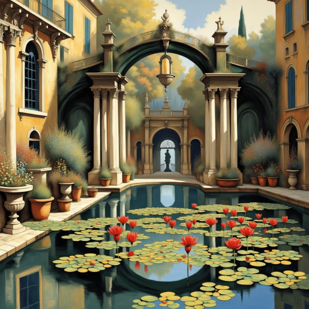 {<lora:SOS ALL EPOCHY EPOCH:1.0> ROMAN-GOTHIC-BAROQUE-MIX-CULUMNRUINS-SCAPE, ALONG GIANT-LILYPAD-IVY-FLOWER-GIANT-ROSE-SURROUND-STONE-alley-...