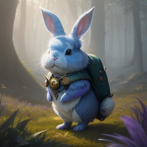 Bunny Explorer in Mystical Forest, Vibrant Digital Art