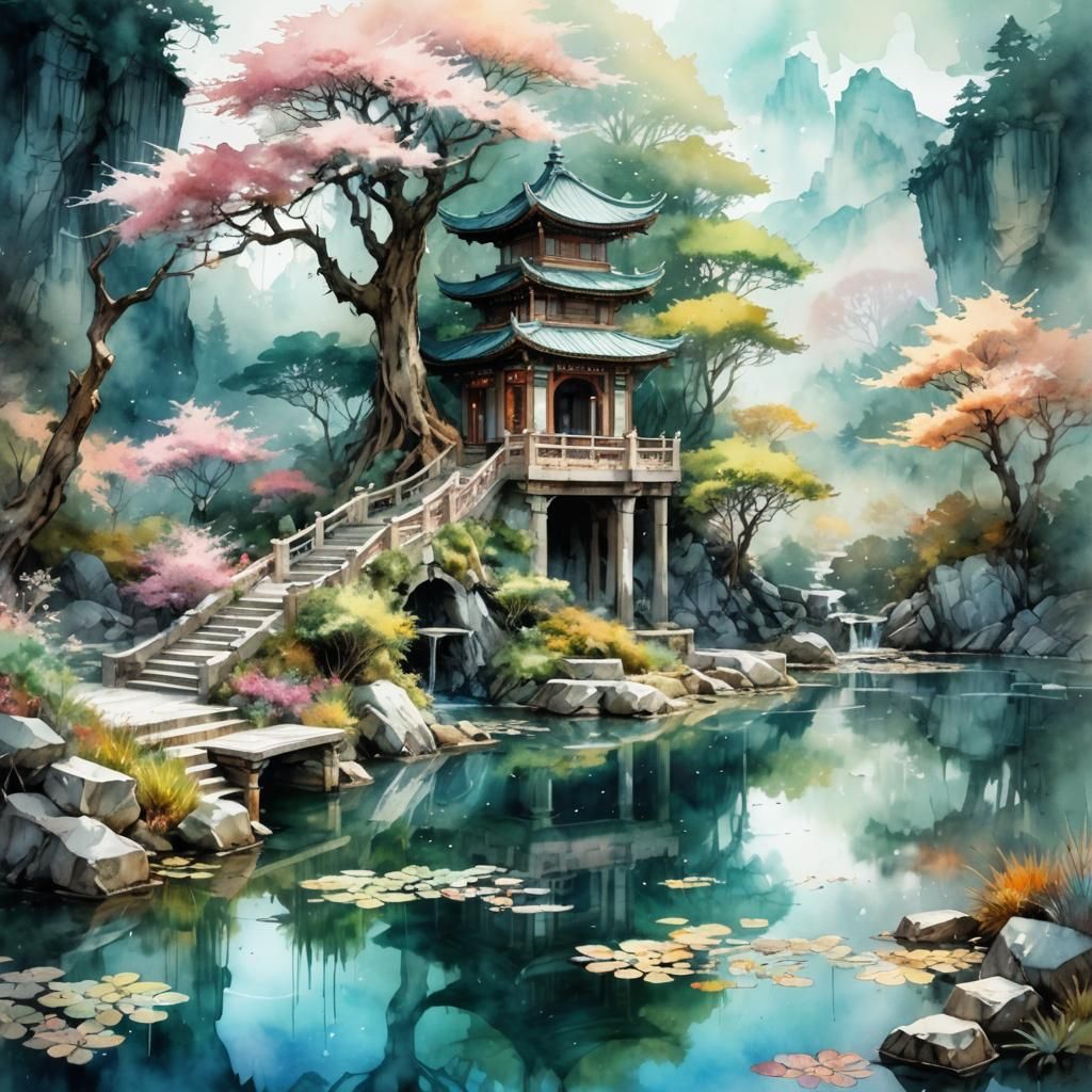 pavilion,mountain ,lake,tree