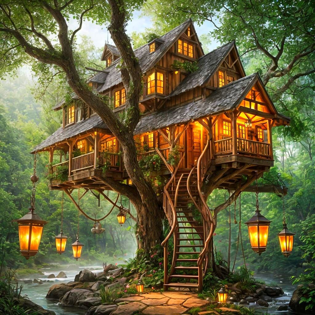 A whimsical treehouse with rope bridges and hanging lanterns. Perfect detail. Fairytale realism.  by @Shuttleskipper