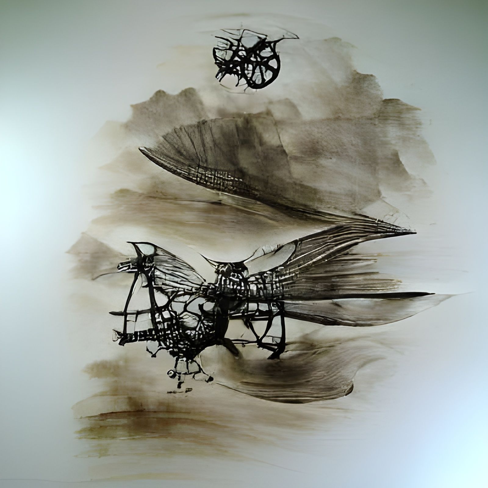 DaVinci nightmares flying machine concept art ink drawing