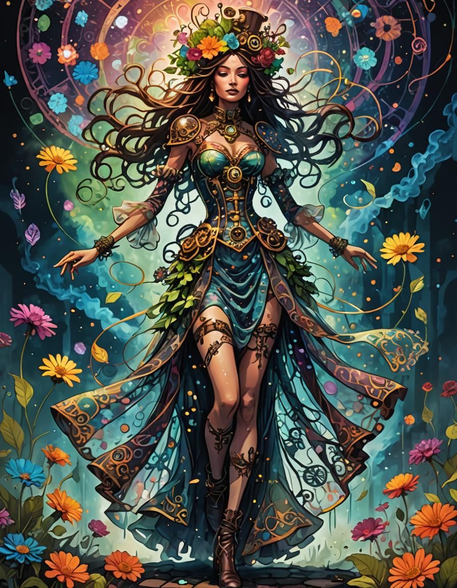 A beautiful long-legged goddess Mother Nature, covered in fl...