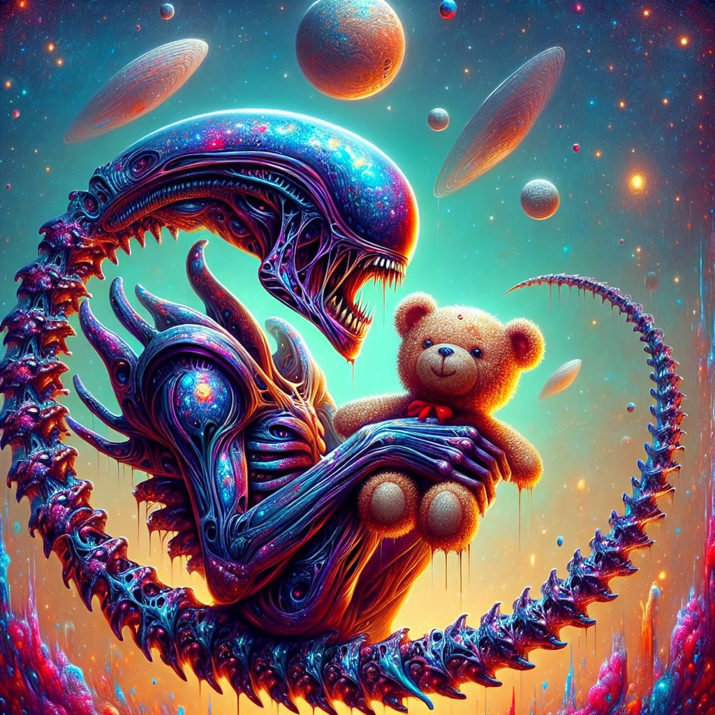 xenomorph holding a teddy bear