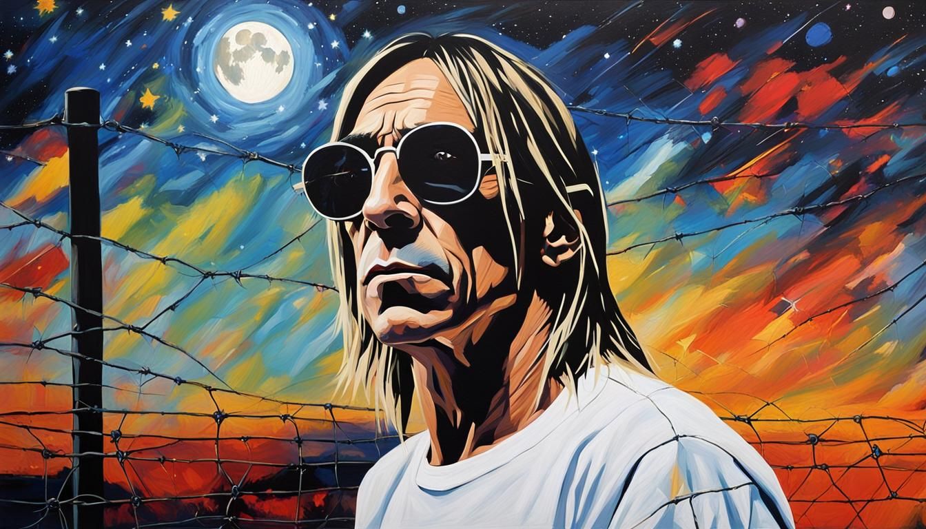 singer iggy pop wearing white tee shirt and round sunglasses...