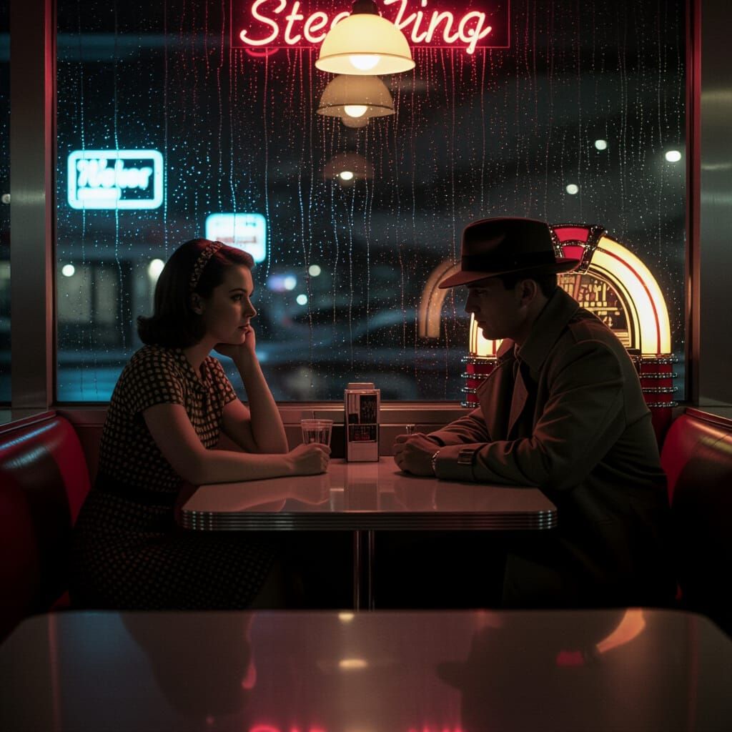 A young woman and her..... in 1960s attire sitting at a neon-lit diner counter.  by @Twiggles