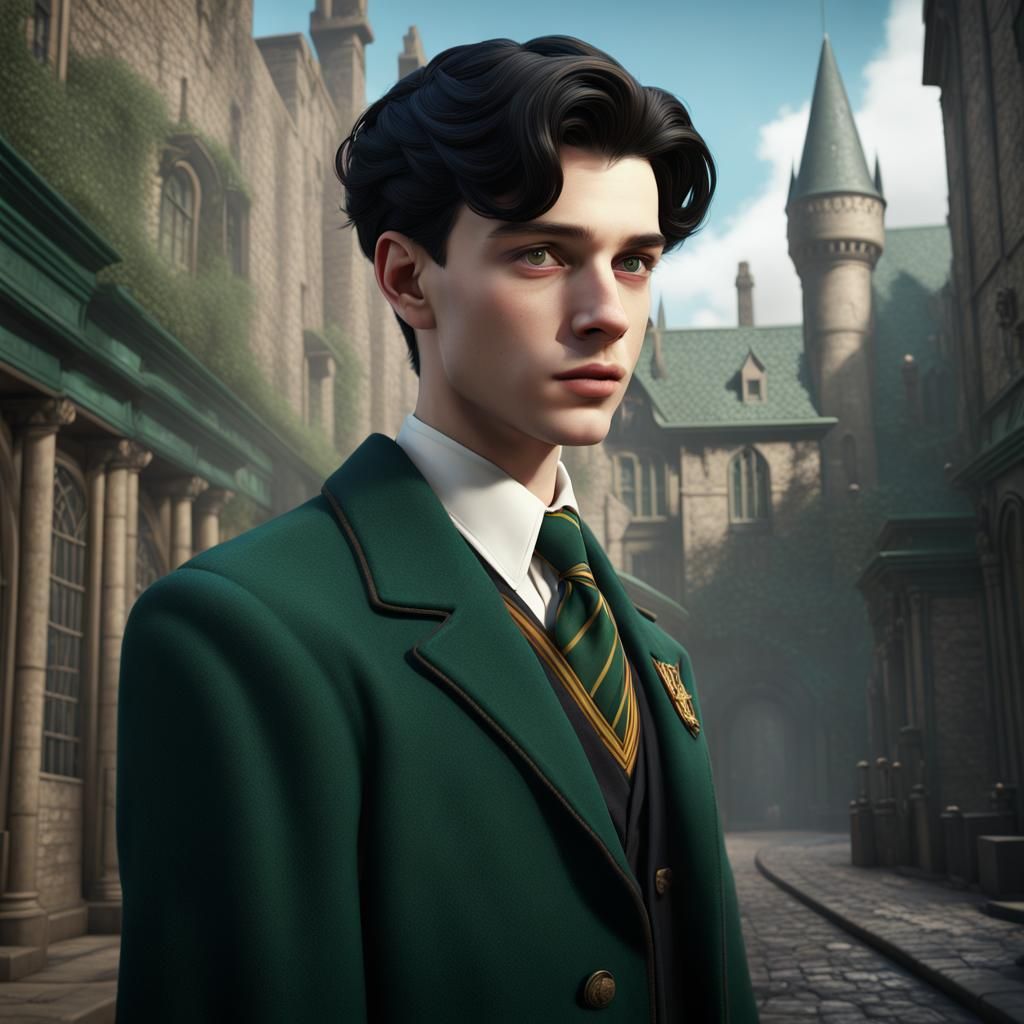 Black haired teenage boy with 1940s hairstyle, pale skin, slytherin ...